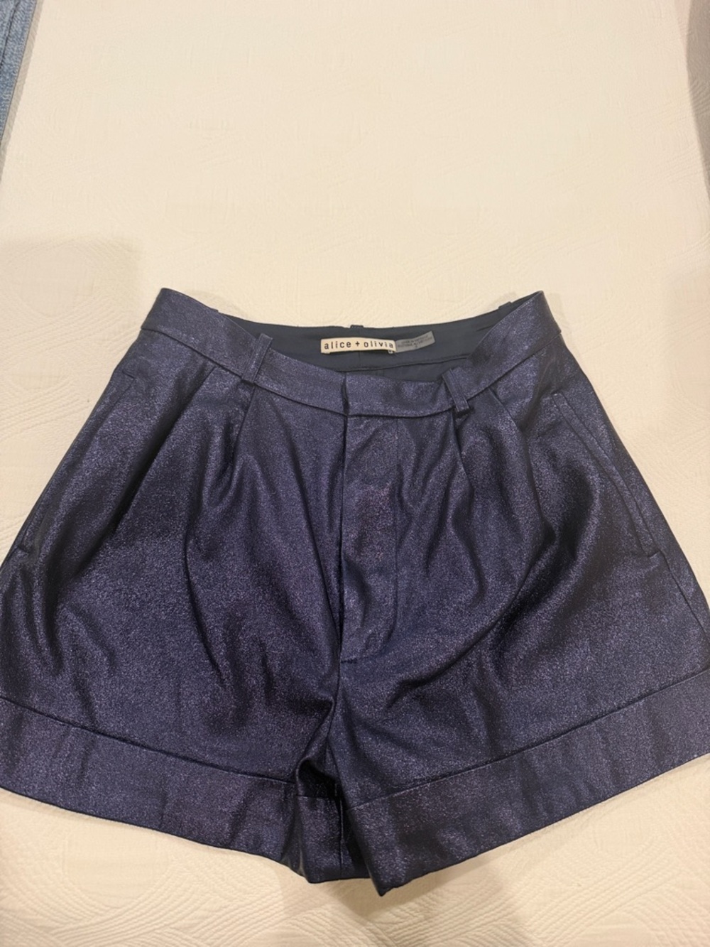 Alice + Olivia Shimmery Navy Pleated Dress Shorts
